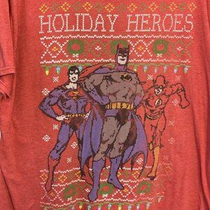 Justice League Xmas Tshirt XL Red Holiday Heroes Batman Flash Superman DC Comics